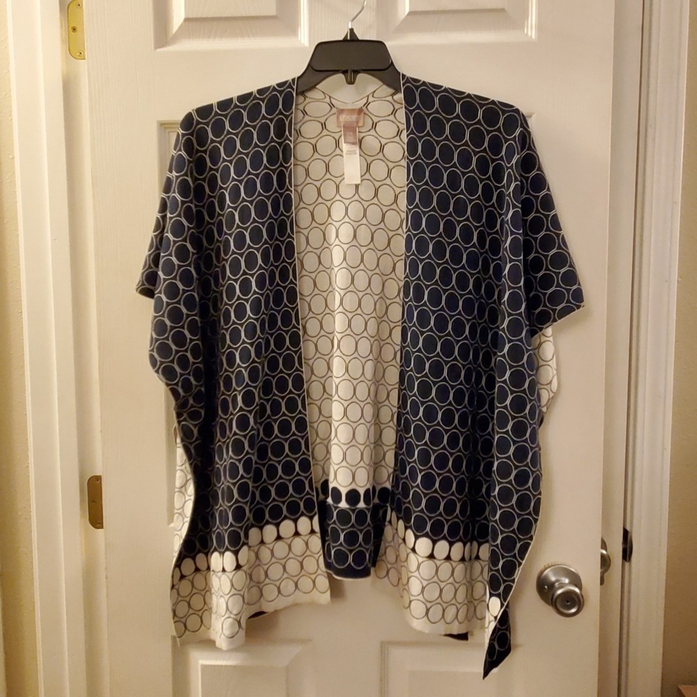 Chico's sz OS open front cardigan poncho jacket dots blue white classic chic